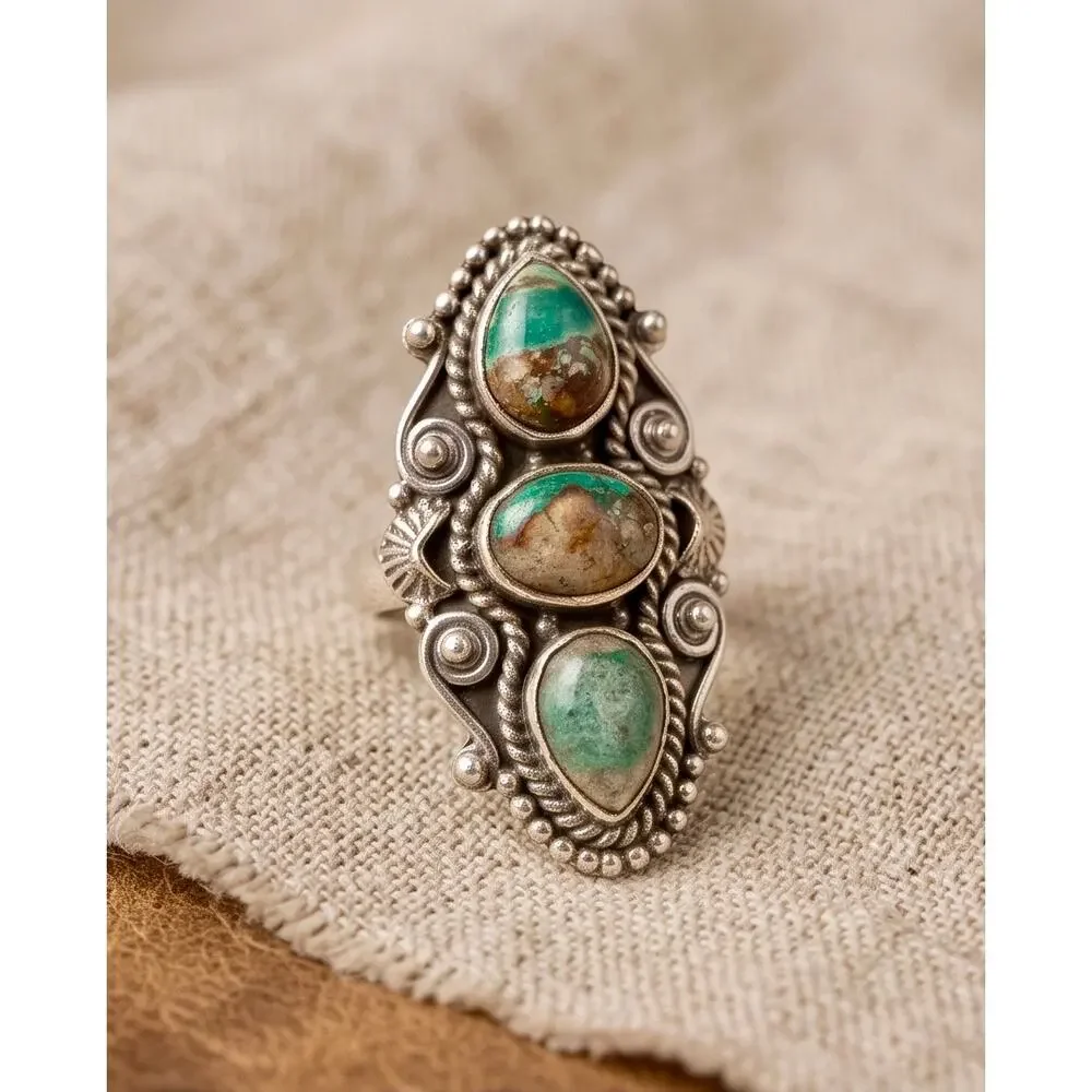 Royston Turquoise Three Stone Sterling 925 Ring Size 9 Adjustable